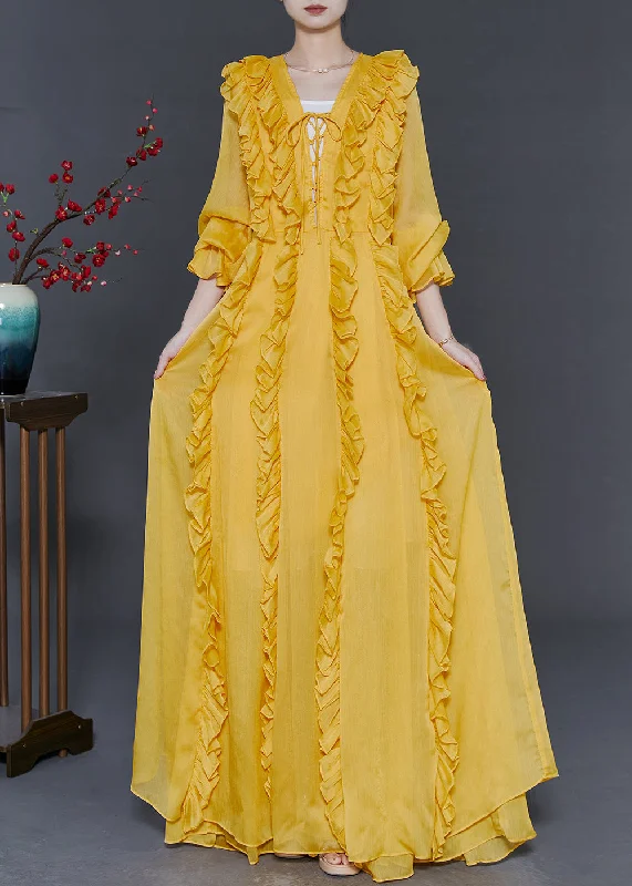 stylish party dressWomen Yellow Ruffled Lace Up Chiffon Full Dresses Spring