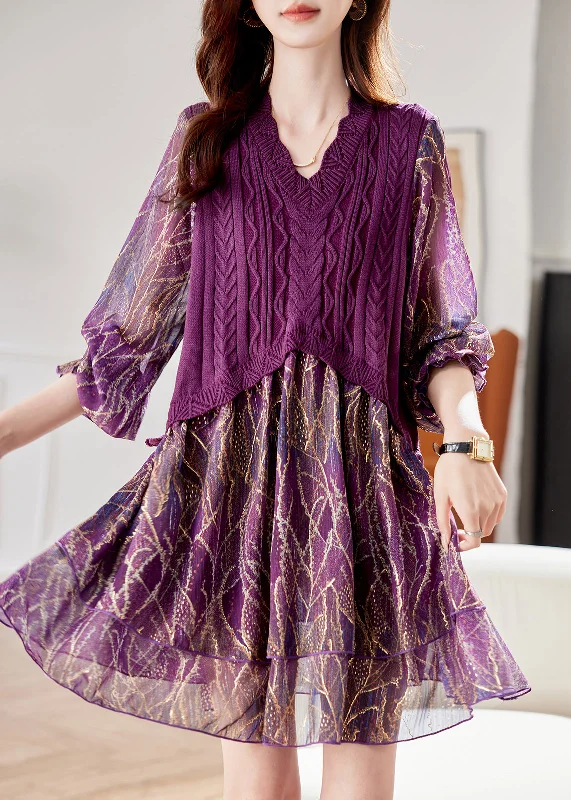 chic wrap dressStyle Purple Knit Patchwork Fake Two Pieces Mid Dresses Bracelet Sleeve