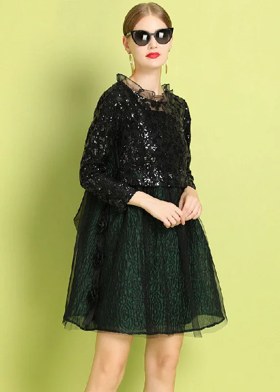 stylish dressFine Black Green Ruffled Sequins Bow Patchwork Tulle Mid Dress Summer