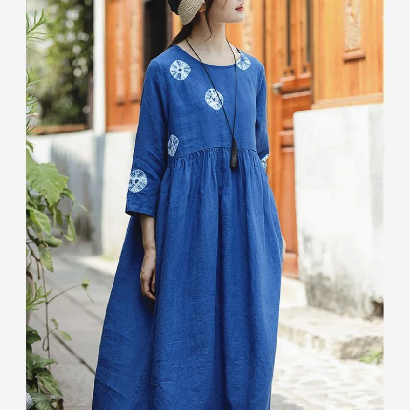 chic dressboutique blue print linen dresses oversize o neck linen clothing dresses vintage Three Quarter sleeve large hem linen dresses