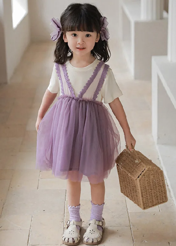 minimalistic dressPurple O-Neck Tulle Girls Vacation Mid Dresses Short Sleeve