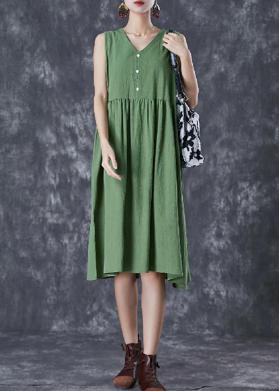 elegant evening dressFrench Green V Neck Exra Large Hem Linen Dress Summer