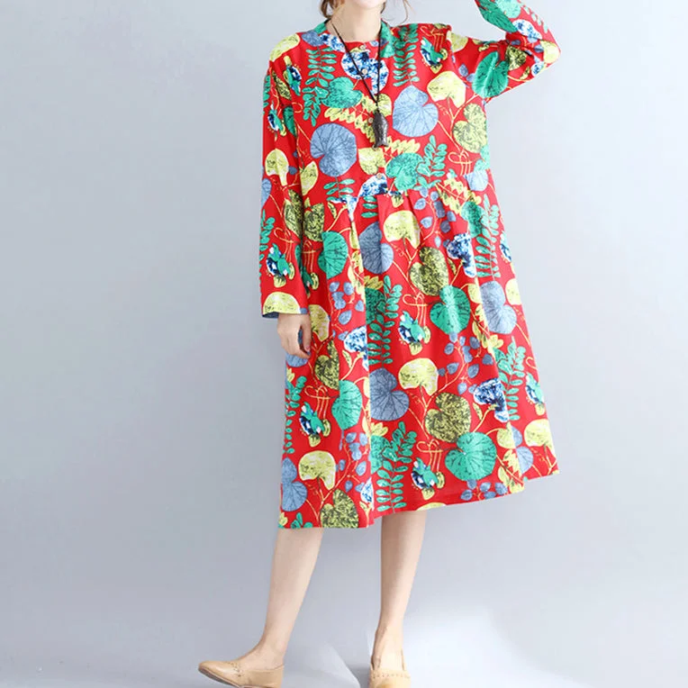 sleek dressElegant red prints pure linen dresses casual maxi dress women long sleeve patchwork midi dress