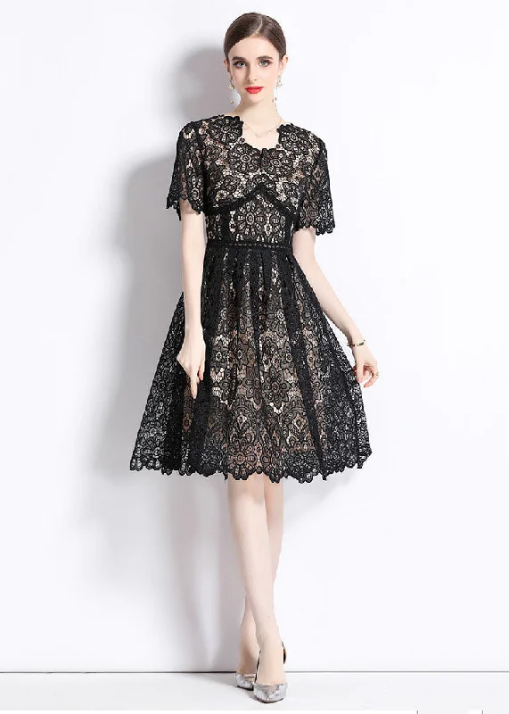 satin dressModern Black Hollow Out Wrinkled Patchwork Lace Mid Dress Summer