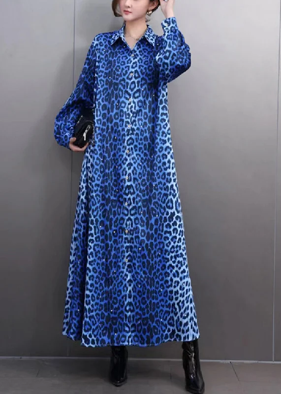 spaghetti strap dressElegant Blue Leopard Peter Pan Collar Maxi Shirts Dress Spring