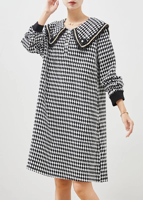 one-shoulder dressBoho Black White Plaid Sailor Collar Cotton Dress Spring