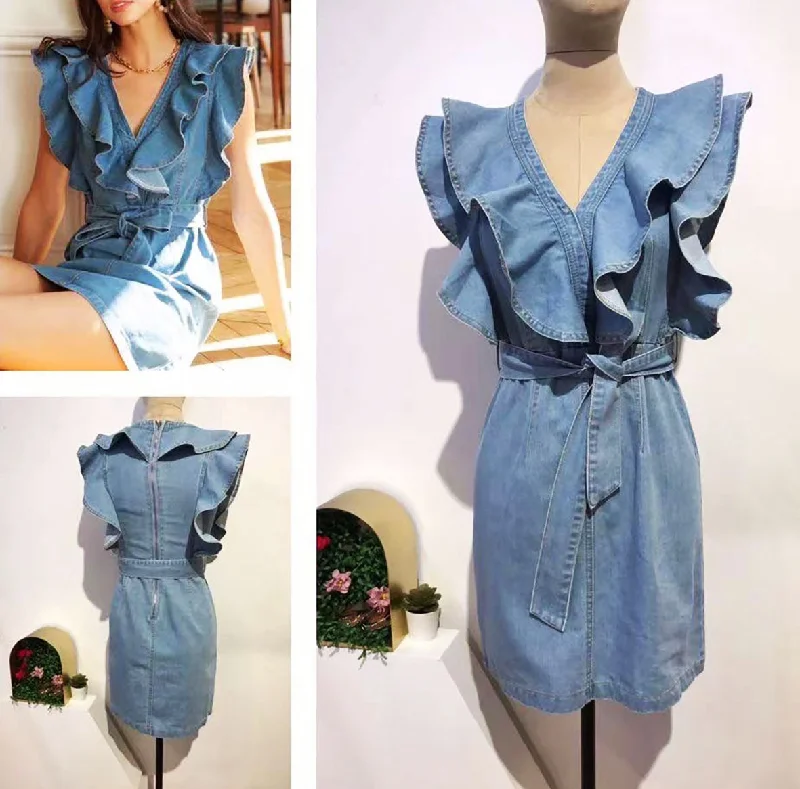 elegant dressDENIM FRILL DRESS BLUE