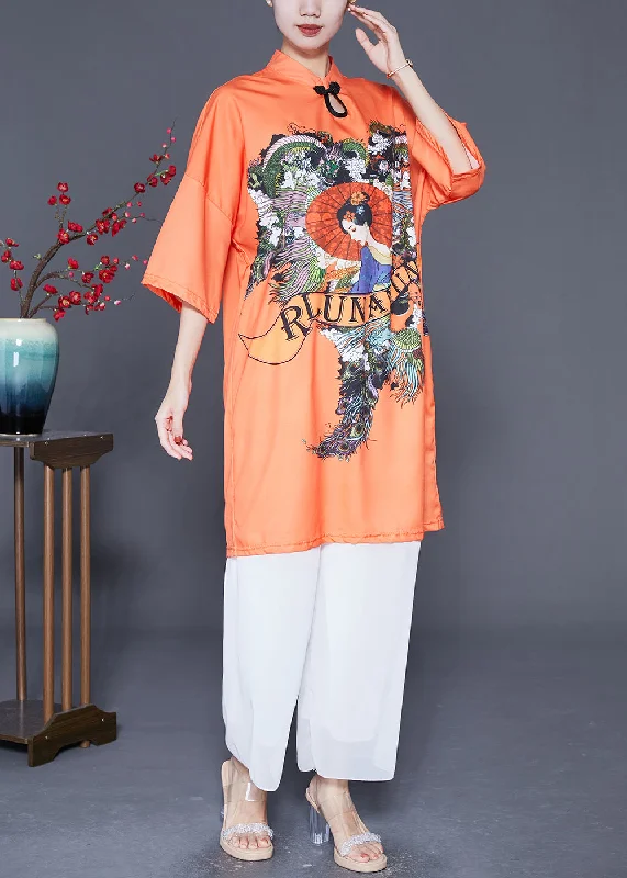 lace-up dressWomen Orange Mandarin Collar Chinese Button Silk Dress Summer