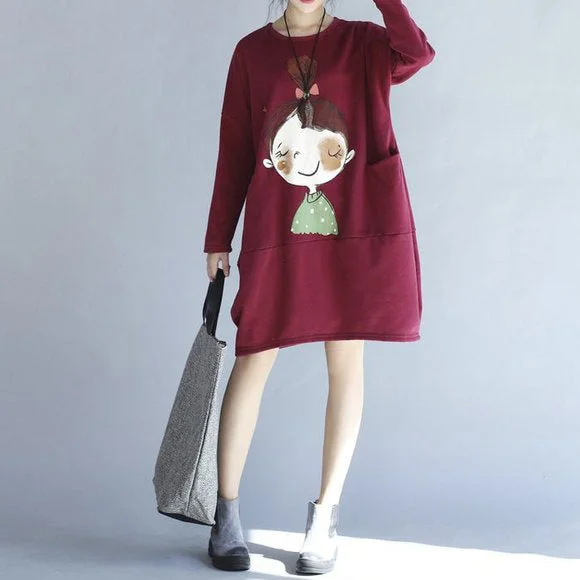 chic slip dresswinter red thick prints cotton dresses plus size long sleeve shift dress