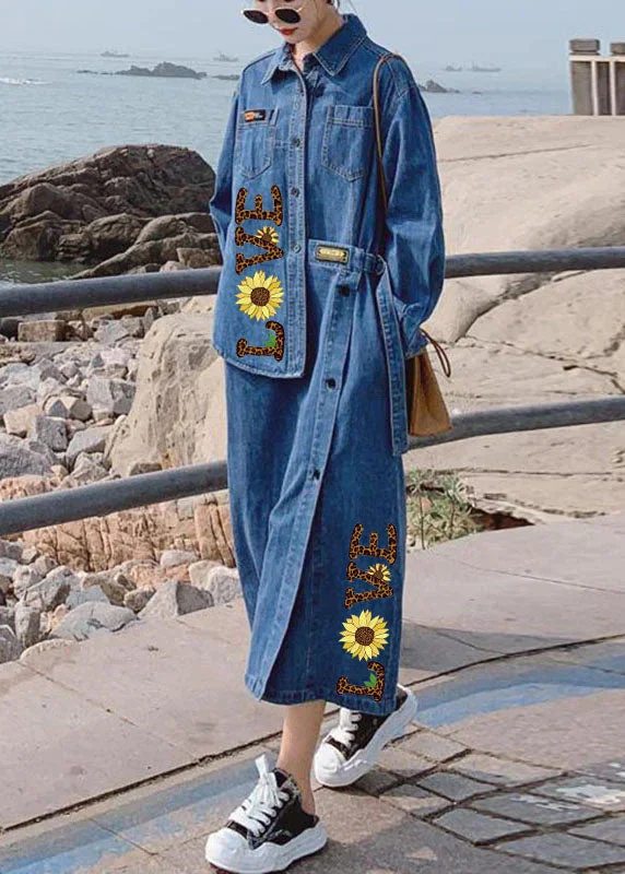 party dressLoose Blue-love Pockets Button asymmetrical design Fall Denim Long sleeve Long Dress