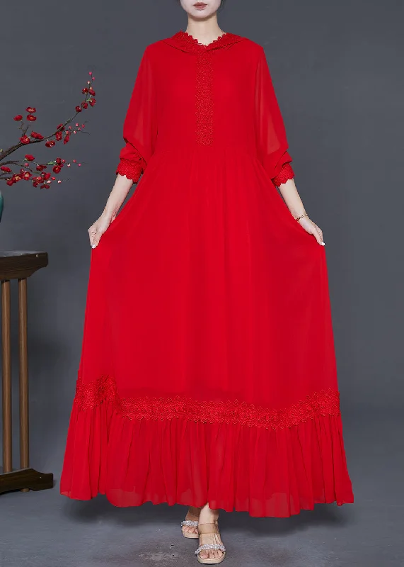 summer dressFrench Red Hooded Patchwork Lace Robe Dresses Spring