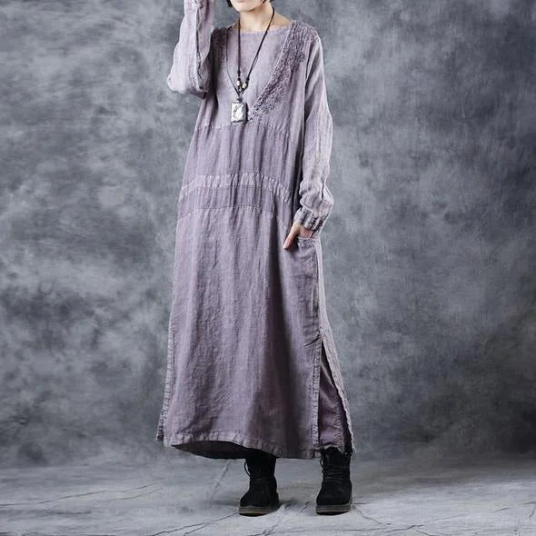 relaxed fit dressFashion Embroidery Purple Cotton Linen Dresses For Women