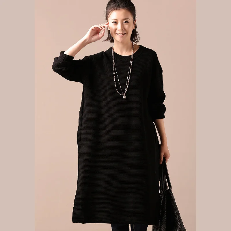 comfy maxi dressComfy Sweater outfits Women side open black DIY knitted tops o neck