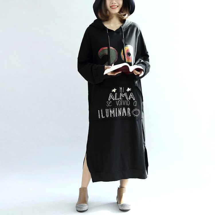 ruffle dressblack print casual cotton dresses plus size hooded thick side open dress