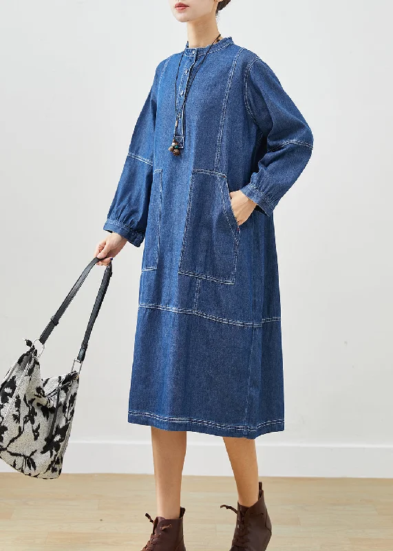 comfy dressBoho Dark Blue Oversized Patchwork Cotton Vacation Dresses Fall