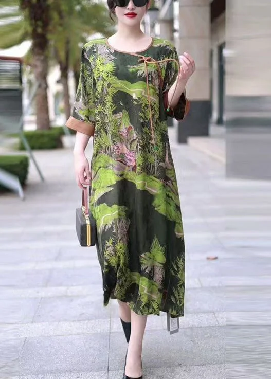 boho-chic dressGreen Print Tasseled Loose Silk Dress O Neck Half Sleeve