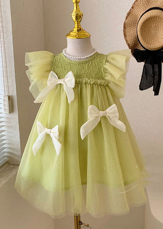 mini dressBeautiful Green Ruffled Bow Patchwork Tulle Kids Girls Princess Dress Summer