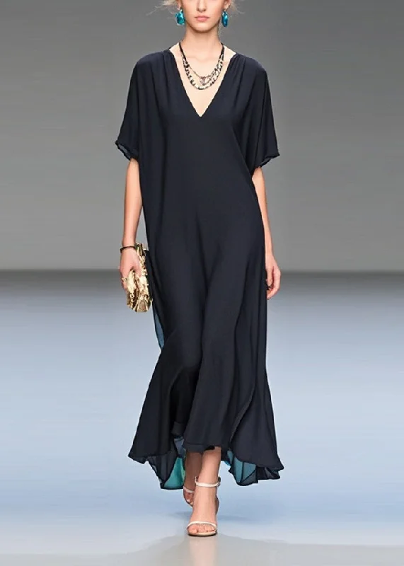 floral midi dressItalian Black V Neck Draping Chiffon Long Dress Summer