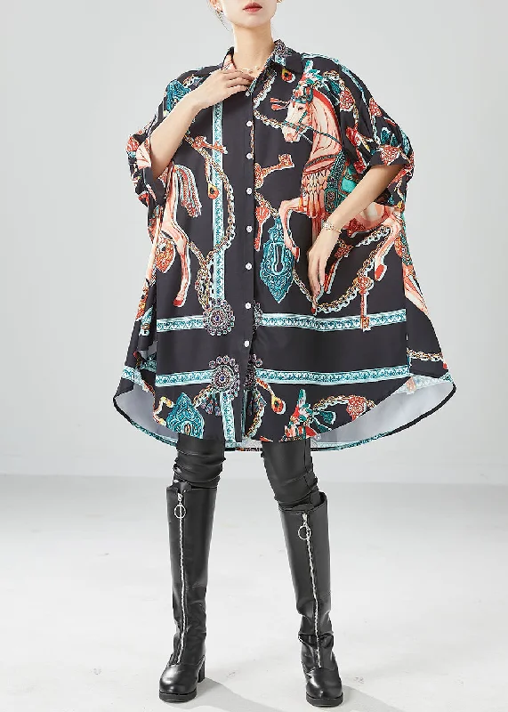 elegant maxi dressBlack Print Silk Vacation Dresses Oversized Draping Batwing Sleeve