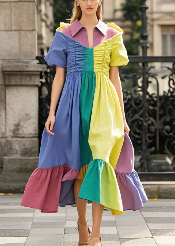 sophisticated dressColorblock Patchwork Chiffon Long Dresses Asymmetrical Wrinkled Summer