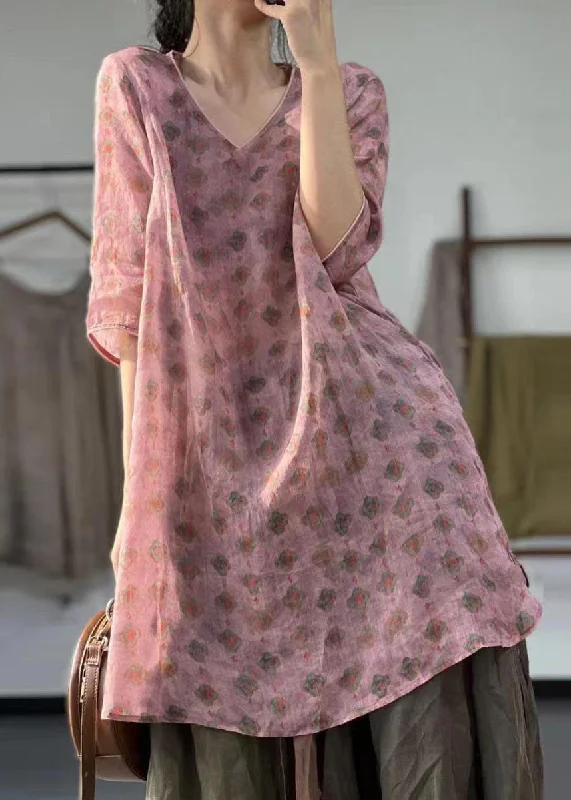 cocktail dressBoho Pink V Neck Print Patchwork Linen Mid Dress Summer