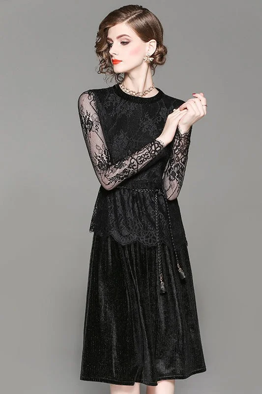 classic fit-and-flare dressVelvet Dress W/ Lace Overlay