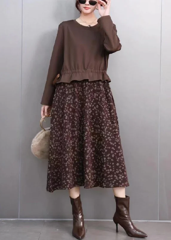 comfy maxi dressNovelty Coffee O-Neck Patchwork Print Fake Two Pieces Long Dress Spring