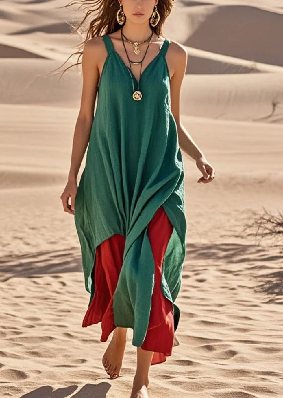 high-waisted dressStyle Green Asymmetrical Patchwork Cotton Cami Dress Summer