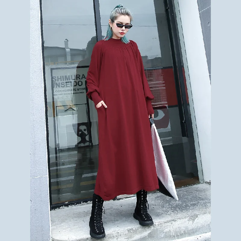 vintage dressfashion red autumn plus size clothing stand collar traveling dress boutique pockets baggy dresses