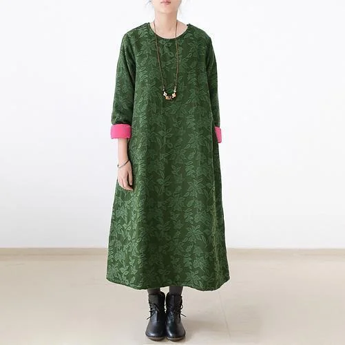 fitted cocktail dress2024 fall jade green embroidered cotton caftans plus size cotton dresses