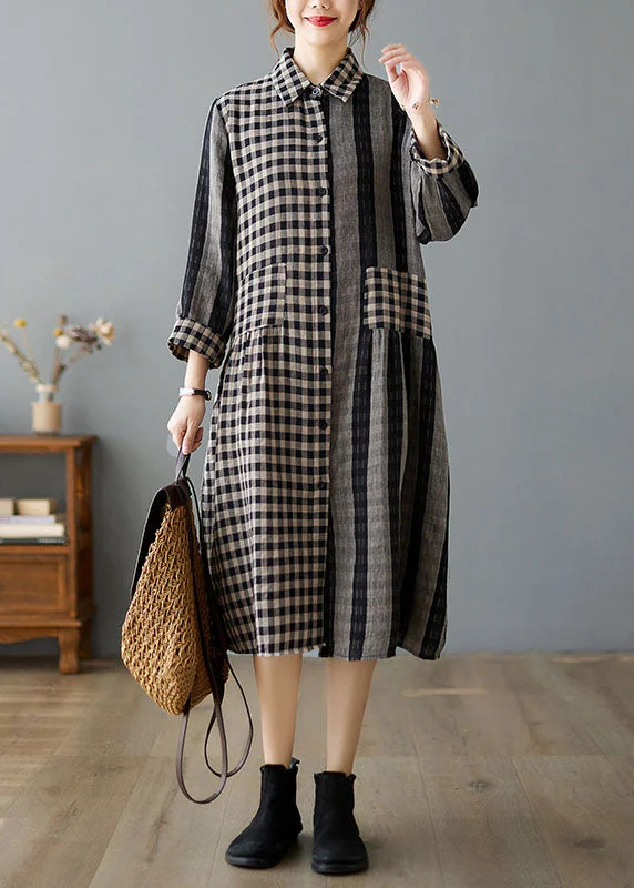 silk dressBoutique Black Peter Pan Collar Plaid Holiday Dress Long Sleeve