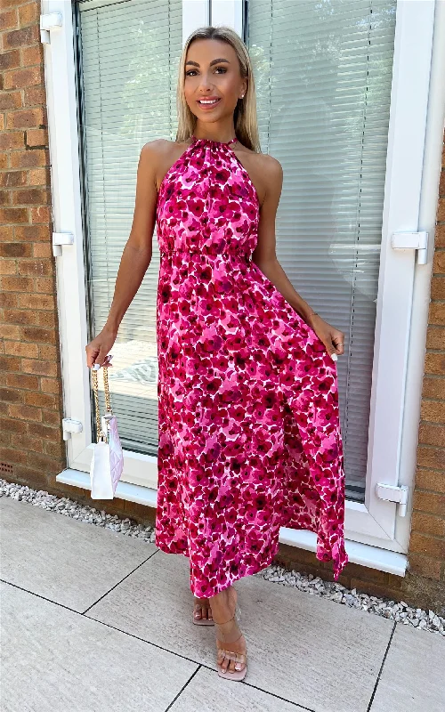 evening dressPink Floral Halter Neck Maxi Dress with Side Slit