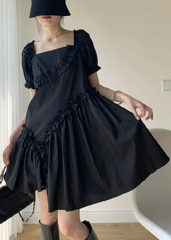 casual day dressWomen Black Ruffled Asymmetrical Patchwork Cotton Dresses Puff Sleeve