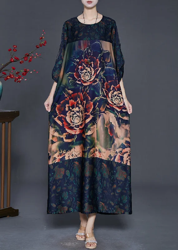 casual midi dressBoutique Navy Oversized Print Silk Long Dress Spring