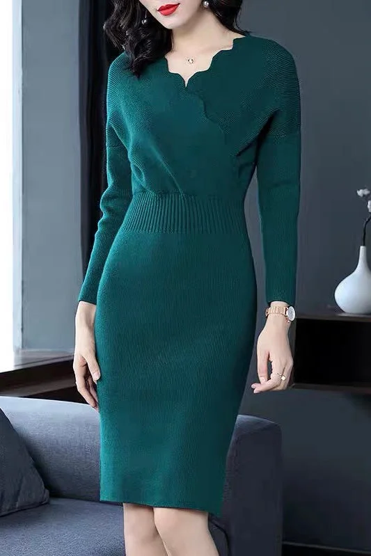 trendy wrap dressScallop V Neck Sweater Dress