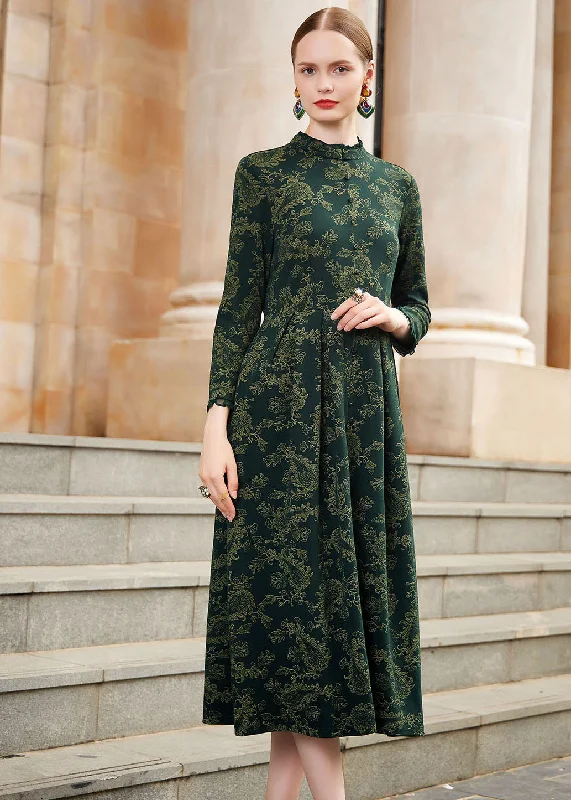 long-sleeve floral dressSlim Fit Blackish Green Print Wrinkled High Waist Knit Maxi Dresses Long Sleeve