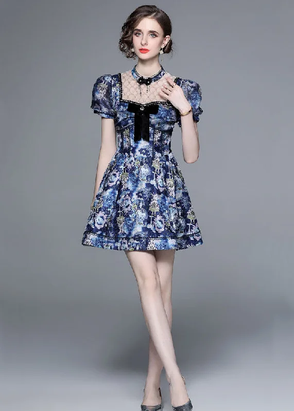 casual summer dressNew Blue Bow Wrinkled Print Patchwork Cotton Mid Dress Puff Sleeve