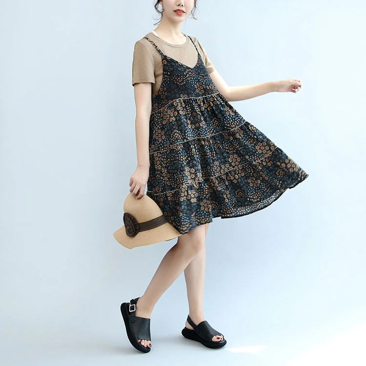 vintage-inspired dress2024 summer brown casual t shirt and floral stylish sleeveless linen dresses two pieces