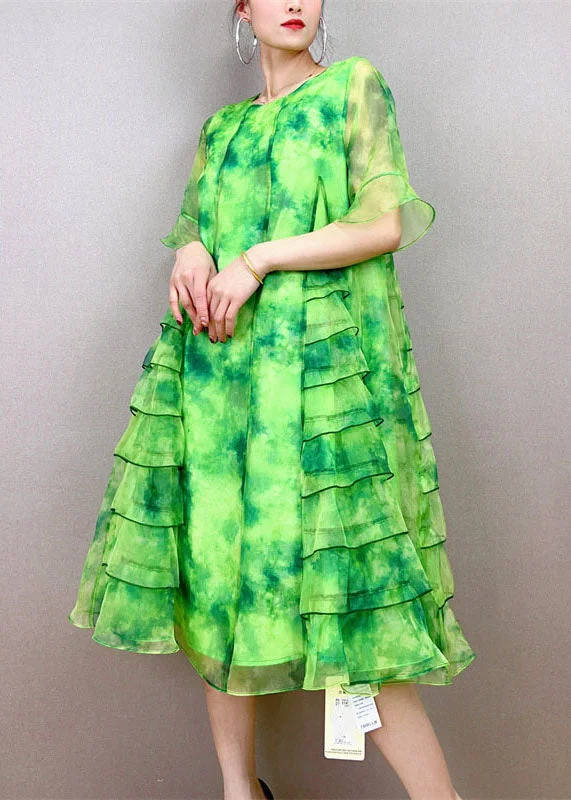 vintage dressArt Green O-Neck Ruffled Patchwork Tulle Mid Dress Summer