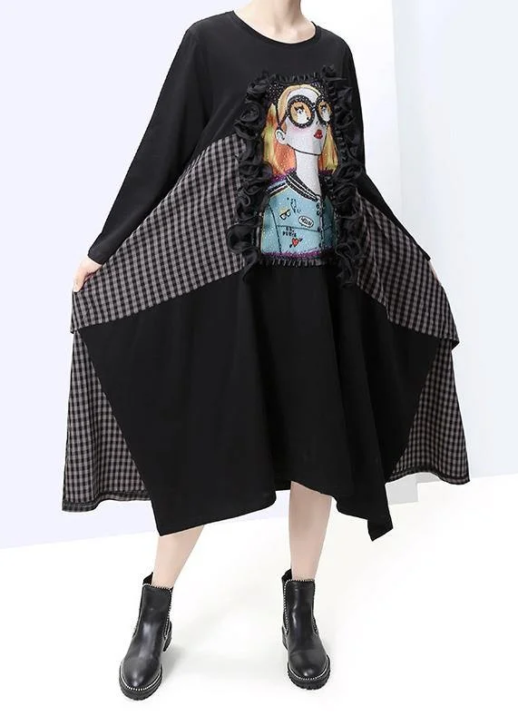 casual midi dressDIY black cotton Tunic girl prints Art patchwork Dresses