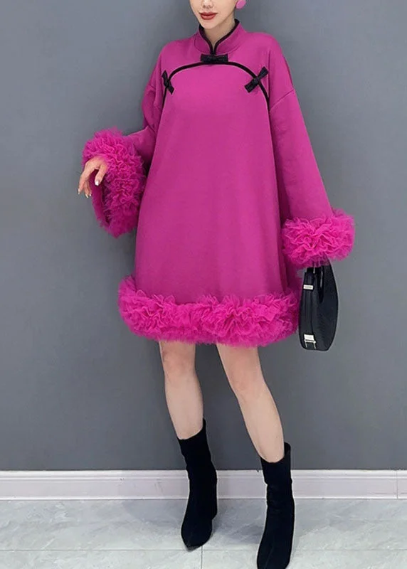 velvet dressChinese Style Rose Stand Collar Tulle Patchwork Mid Dress Long Sleeve