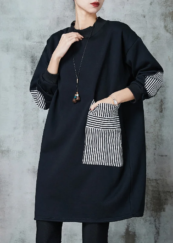 pleated dressFrench Black Oversized Patchwork Striped Cotton Sweatshirt Dress Spring