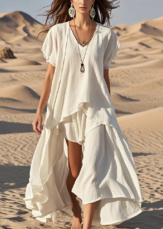 trendy dressWhite Cotton Long Dress Asymmetrical Exra Large Hem Summer