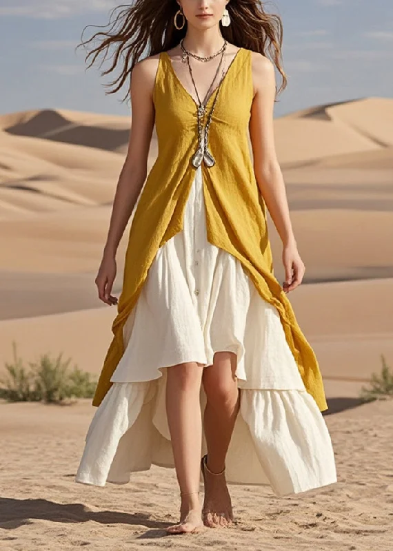 wrap dressChic Yellow Asymmetrical Patchwork Cotton Beach Dresses Summer