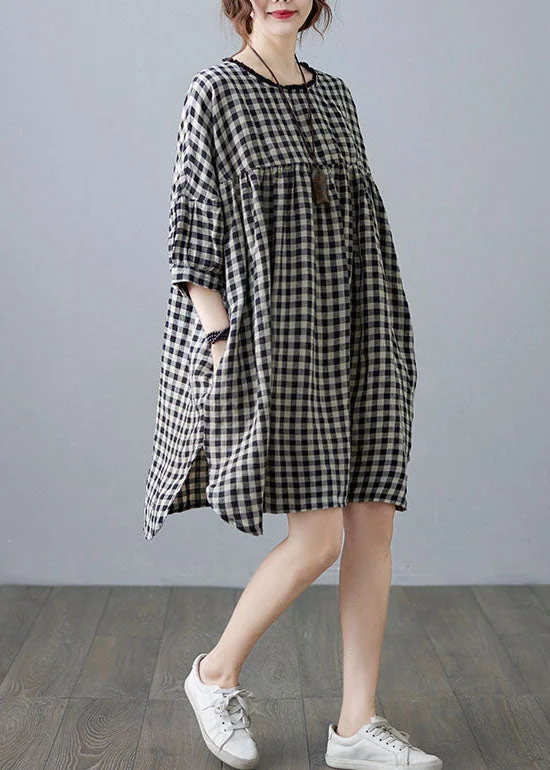 chic wrap dressLoose Big Plaid O Neck Wrinkled Patchwork Linen Mid Dress Summer