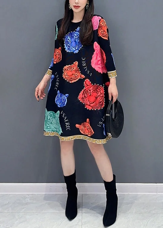 casual summer dressWomen Black O Neck Print Cotton Mid Dress Spring