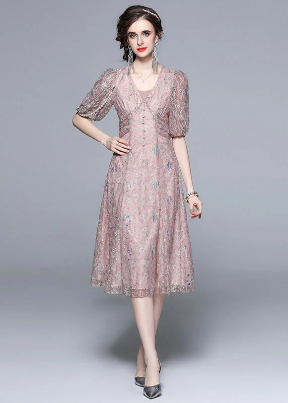 trendy dressNovelty Pink Embroideried Sequins Patchwork Tulle Dress Puff Sleeve