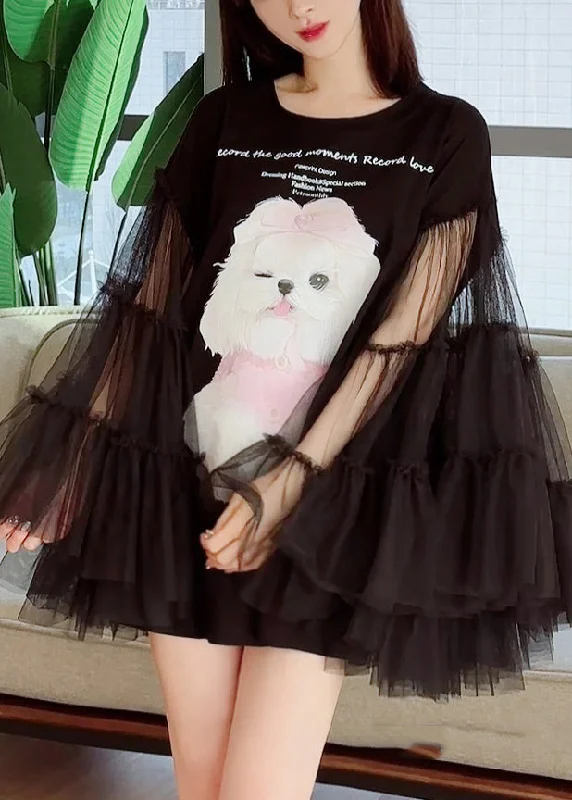 casual summer dressOriginal Black Print Tulle Patchwork T Shirt Dress Long Sleeve