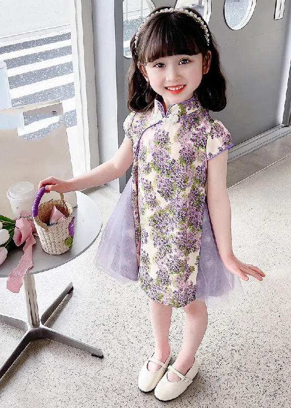 casual knit dressUnique Purple Stand Collar Print Girls Mid Dress Summer