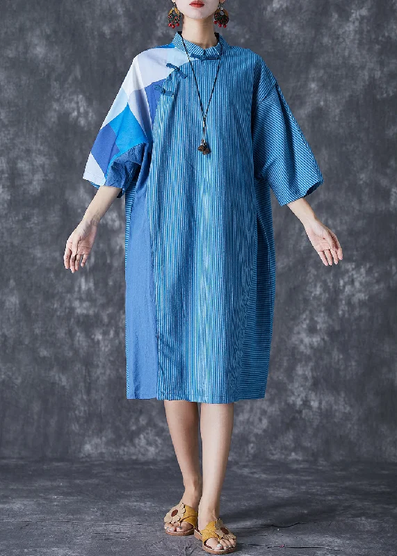 spaghetti strap dressArt Blue Striped Patchwork Chinese Button Linen Dresses Summer